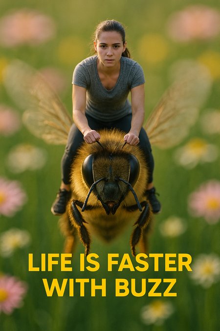 A shrunken human woman 20 years old. Is riding on a bee as if it was a horse. SHe wears sporty clothing. The person is only a few millimeters tall. All other elements remain at their full real-world size to emphasize the contrast. Perspective and camera focus are set to a macro view to exaggerate the scale difference. The scene is lit by soft morning light with macro depth of field, cinematic framing, and DSLR photo realism.