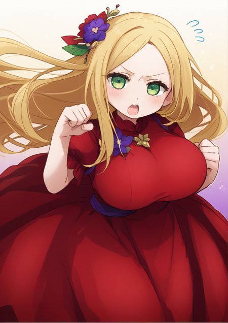 1girl, viridi, huge breast, , blonde hair, clenched hands, dress, flower, flying sweatdrops, green eyes, hair flower, hair ornament, long hair, open mouth, purple flower, red dress, solo, v-shaped eyebrows, very long hair, handfixer <lora:HandFixer_pdxl_Incrs_v1:1>  <lora:ãã¾ã¡ã2doQ8:0.8>