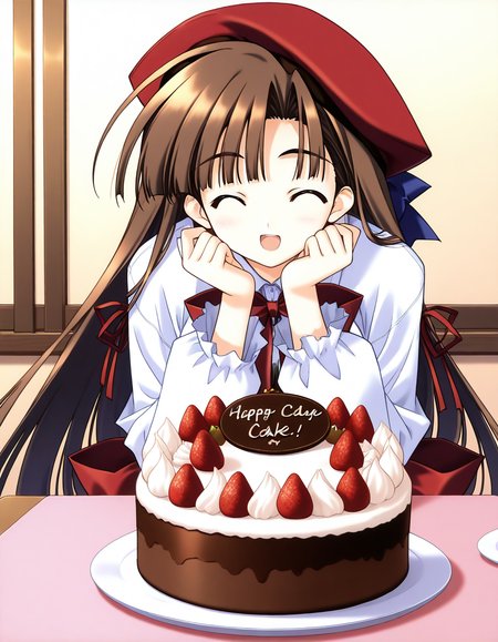 general,highres, ultra-detailed,very aesthetic,best quality ,best hands,  BREAK <lora:Mikage_Subaru_IS:1> Mikage_Subaru, 1girl,solo, brown hair, brown eyes, very long hair, bangs, medium breasts,
food, solo, hat, fruit, closed eyes, red beret, bow, red bow, smile, open mouth, ribbon, long sleeves,
cake, giant cake, food, table,