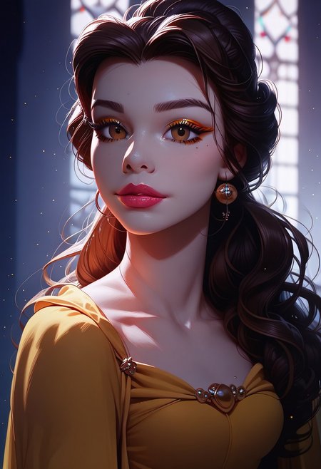 score_9, score_8_up, score_7_up, solo,  1girl, 24 y.o, Belle Princess, cinematic, Depth of field, bokeh, best_quality, cinematic, light particles, highly_detailed, very_aesthetic, beautiful_and_aesthetic, top_quality, hyperrealistic, photorealistic, 8K, ultra detail, curves, sexy, body shaper, yellow dress, Ball dress, afterglow expression, bioluminescent details, wearing a feather boa, slender waist, carrying light eyebrow gel with gloss cream lipstick, stylish brown bun hair, long hair, colored eyeliner, brown eyes, face focus,