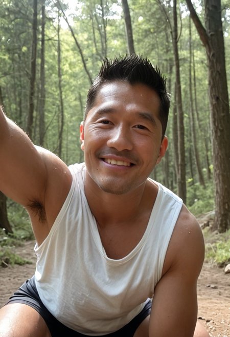 photorealistic, realistic, highly detailed, intricate details, masterpiece, correct anatomy, detailed background, depth of field, detailed face, (1man, male focus, masculine, manly, black short hair, sweaty:1.2), (shiny oily skin, steaming body), muscular, large pectorals, puffy nipples, (htkangface:1.3, daddy, natural face, smirk), East Asian face,  hairy armpits, (steamy, leaning forward, low angle, close up portrait, all in fours, face focus, hairy armpits ), (loose tanktop, in forest, dirt floor, woods, upper body)