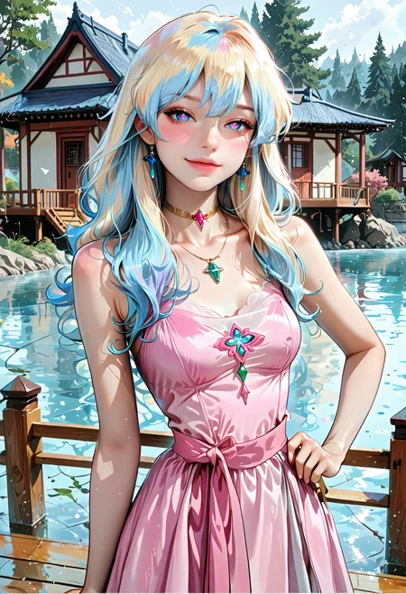 masterpiece, best quality, amazing quality,,nia teppelin, long hair, multicolored hair, two-tone hair, symbol-shaped pupils, cross-shaped pupils, blue eyes, mature female, medium breasts, anime screencap, dress, jewelry, earrings, pink dress, bare shoulders, choker, necklace, collarbone,, smug, hand on own hip,, stilt house, tall, water, unique, support, cowboy shot, solo, looking at viewer
<lora:DetailedEyes_V3:1> <lora:USNR_STYLE_ILL_V1_lokr3:0.45> usnr <lora:ponyv6_noobV1_2_adamW:0.9> <lora:GENESIS_MK0.2:0.5>  <lora:KoreanStyleSDXLvpred10:1> AiKoreanStyle, lips, korean, asian <lora:KRGRL-IL:1>