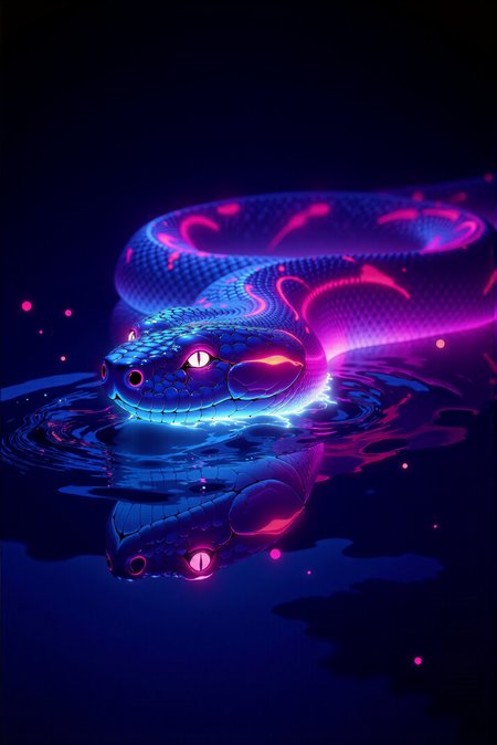 A mesmerizing digital illustration features a (from above close shot:1.3) of a majestic snake gliding calmly across the surface of still water at night, its sleek and elegant form glowing brightly with a flawless gradient of luminous colors. The snakeâs smooth, sinuous body glows with an ethereal radiance, creating a striking contrast against the very dark, almost black background that envelopes the scene. Starting from the snakeâs head, the gradient begins with an intense, vivid pink glow contours its triangular head, with softly glowing reflections shimmering across the waterâs surface. The snake's eyes are sharp and serene, catching the same pink light, giving them an otherworldly, hypnotic brilliance. As the gradient flows smoothly down the snakeâs body, the pink transitions into a rich cyan-blue hue glow of the midsection with electric energy. The cyan-blue light reflects in the water, creating rippling reflections that shimmer outward in concentric circles, as though the snakeâs glow is breathing life into the stillness. Further down, the gradient deepens into a cool, vivid indigo-blue at the snakeâs tail, where the light becomes softer yet intensely luminous, diffusing into fading out glowing trails beneath the water, as if the snake leaves behind a stream of liquid light. The water itself mirrors the glowing gradient perfectly, with smooth, glass-like reflections of pink, cyan-blue, and indigo-blue glowing on its surface. Subtle ripples form where the snakeâs body touches the water, distorting the glow slightly and creating a dreamlike interplay of light and motion. The edges of the ripples catch the neon glow, spreading faint, radiant hues outward in soft, glowing waves. The dark, undefined background serves as a stark canvas, enhancing the vivid luminescence of the snake and its reflections. Tiny, glowing particles float gently in the air and water, like suspended embers of light, adding depth and atmosphere to the composition. Rendered in a neon-surrealist and contemporary glowing art style, the illustration utilizes flawless gradients, intricate detailing, and volumetric light diffusion effects to create a captivating and magical visual. The calm yet radiant snake becomes a beacon of luminous beauty in the dark stillness of its nocturnal world, evoking a sense of serenity and mystery.  <lora:DGLO_style_v.6:0.8>