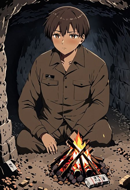 high resolution, solo, best quality, 1Boy, Takaki Toono, Brownish Hair, Brown Eyes, cave, bunker, field Ration, bonfire, OverallDetail
