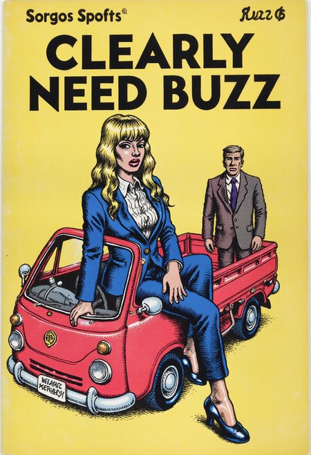 the simple text logo of "clearly need buzz" at the top of the image. 
a blonde hair cool lady in a suit with a simple Keitora car.
vintage comic book cover