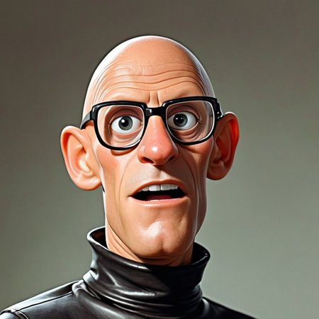 cartoon of (michelfoucault:1.3) man, turtleneck, black leather jacket, bald nerd, , (  donmartin style:1.2)  ( caricature:1.3), HQ, high resolution, ,  solo,  fisheye lens closeup, extremely  Confusedexpression , (3/4 face angle pose:1.5), hyper-realistic,  upper body, arms and hands,  detailed eyes, by don martin, plain dark background, rim lighting, vignette <lora:DonMartin_StyleXLv7.0-000024:0.7>   <lora:michelfoucaultXL_10-17-23_v1.6:0.9>