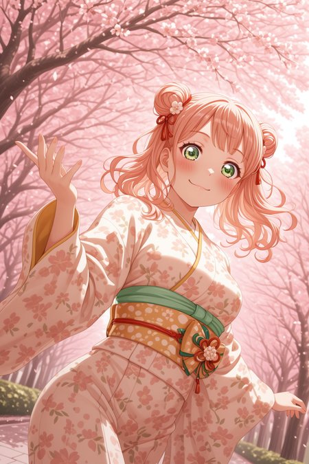 masterpiece, best quality, amazing quality, 1girl, solo, makeup, general, looking at viewer, cowboy shot, blush, smile, outdoors, playful pose, dynamic angle, cherry blossoms, outstretched arms, traditional Japanese setting, floral accessories, standing pose, spring atmosphere, energetic pose, <lora:Uehara_Himari_Ban_Dori:1>, Uehara_Himari_Ban_Dori, green eyes, pink hair, long hair, breasts, double bun, kimono, furisode, obi, sash, youthful energy, <lora:wai-2Rectified-V140:1>, <lora:illustrious_noobai_epsilon_pred_1_masterpieces_v1:1>