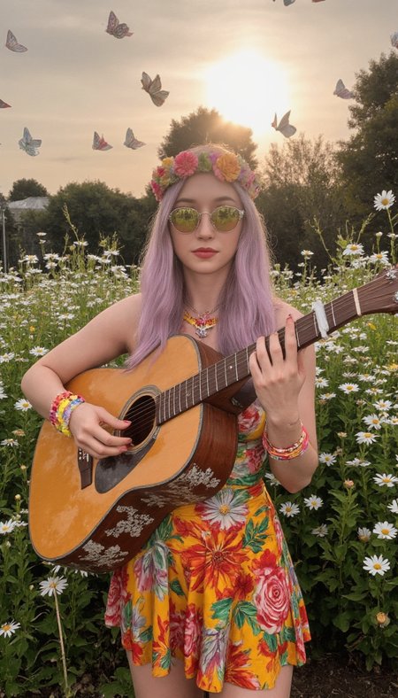 Generate a photorealistic image of a 1960s hippie girl taken with a camera made in that era. 

She has long, flowing lilac hair with a flower crown. 

She wears a vinyl mini skirt with entrancing colors and astonishing patterns. 
 She is wearing beaded wristbands. She is wearing round sunglasses with brightly colored lenses.

She is playing an acoustic guitar, surrounded by daisies and butterflies. The sun is setting behind her, casting a warm glow on the scene.

She has realistic skin that is not flawless. She has Almond-shaped silver eyes. She has a roman nose. She has a large chin. She has a heavy Close Set breasts. She has natural unshaven body hair.  She has not recently showered, her skin may be a little bit dirty. She wears little make-up except for her lip gloss.  She has painted fingernails