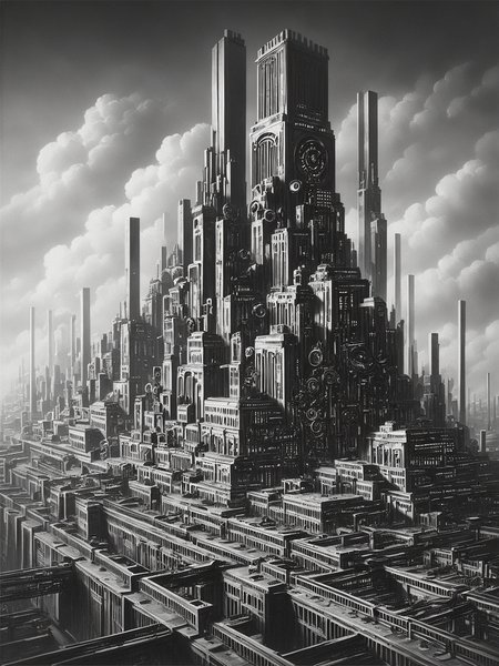score_9, score_8_up, score_7_up, factory,  futuristic, stylized, art deco, expressionist, 1920s, black and white <lora:Metropolis_Movie_Style_Pony:0.8>