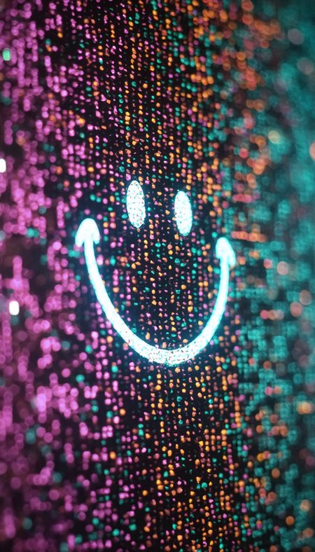 A vibrant, abstract digital display.  A grid of glowing, multicolored dots and lines, in shades of pink, purple, orange, yellow, teal, and blue,  against a dark background.  The dots and lines are not perfectly aligned, creating a sense of movement and energy.  A large, bright white outline of a smiley face is prominent near the center.  The image has a slightly blurred or impressionistic quality; not hyperrealistic.  Focus on the glowing dots creating a feeling of data flow or a visual representation of complex information.  The colors are vivid and saturated,  with a  slightly retro or cyberpunk aesthetic..