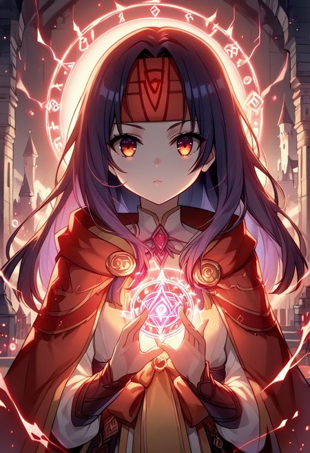score_9,score_8_up,score_7_up, source_anime, 
Cowboy shot, conjuring magic,glowneon,glowing,
sparks,lightning,c0l0urgl0w,
1girl, solo, confident, sanaki, headband, indoors, castle, petite, small breast, portrait, upper body, close mouth,Her outfit glows with red runes. glowing magic runes in the air,Glowing Rune Circle,