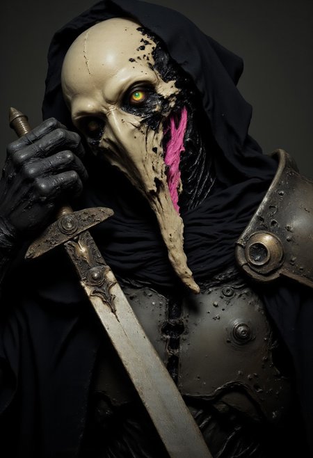 Cyber-Lich Warlord: A Dystopian Death Mask – Dark Digital Painting – A close-up, hyper-detailed portrait of a cybernetic death soldier, his grinning skull partially obscured by the tattered hood of a battle-worn black robe. The exposed bone is cracked and weathered, reinforced with cybernetic implants and grafted metal plating, the remnants of a soldier long past human. Faint neon-pink data streams flicker across the surface of his skull, like ghostly war memories playing on loop.
His heavy armor is ancient, a patchwork of dented, battle-scarred plating bolted into his frame. The matte black metal is dulled by dust, rust, and dried oil, crisscrossed with deep gashes from past conflicts. Fiber-optic cables, frayed and exposed, snake across his chest, pulsating weakly as if barely keeping his decayed form operational. A cracked tactical display flickers over one empty eye socket, scanning the world with cold, calculated efficiency.
Beneath his tattered robe, the faint glow of embedded cybernetics pulses through the grime—an eerie, sickly neon-pink light seeping from vents in his chest plate, casting jagged shadows across his hollow ribcage. His massive gauntlets, plated and reinforced, bear the weight of war; one grips the hilt of a rusted combat blade, its surface blackened and chipped, while the other crackles faintly with energy, artificial sinews barely holding his form together.