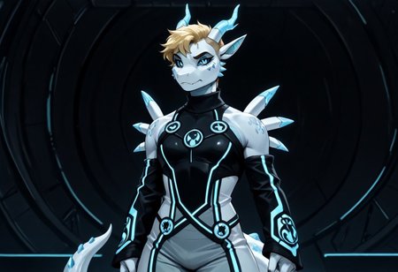 renamon with light dragon features standing in a allyway, lizardfolk, anthro lizard, slit pupil, scales, tail, pale belly, horns, big horns, crest, blonde hair, short hair, hybrid, scales, white scales, horns, blue crystal horns, tail,, RenamonSDXL, tr0n, {color} neon trim, {color} outfit