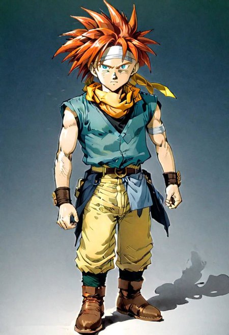 akira style illustration of Crono from Chrono Trigger, red spiky hair, blue eyes, wears a short-sleeved green shirt underneath a light blue tunic, black belt, yellow pants, a pair of dark brown boots and bracers, a white headband around his forehead, orange ascot around his neck, holding a katana