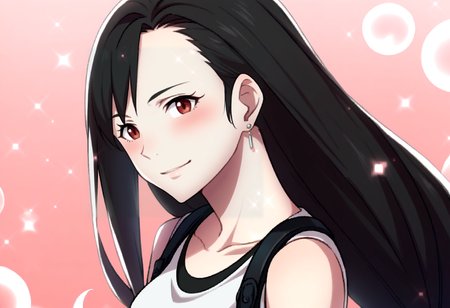 score_9, score_8_up, score_7_up, source_anime, BREAK, solo, 1girl, smile, looking at viewer,  <lora:FEA-S-Rank-pdxl_Fp:1>, pink background, sparkle, bubble, <lora:tifa-pdxl-nvwls-v1:1>, defTif, red eyes, black hair, low-tied long hair, earrings, white sports bra, black suspenders, blush,