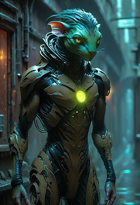 score_9, score_8_up, score_9_up, SilverPulse, Fantasy Creature, punk hair, lizard, cat, alien girl, feminime, female, 1girl, four arms, Avatar navi alien with purple skin, bal, big eyes, medium breast, red trench coat, running on the top of train, yellow train, cyberpunk city, night, neon light, rainy,  dynamic view, dynamic pose, super wide angle shot, extreme perspective,