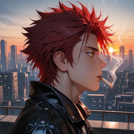 masterpiece, best quality, amazing quality, absurdres, newest, detailed background, definition so sharp, Ultra-HD, 8K cinematic, very awa, impressionate, amazing quality, highres, 
solo, male focus, manly, 
1boy, spiked hair, short hair, mikoto_red hair, mikoto_yellow eyes, mikotosuoh, profile, looking away, thoughtful expression,casual wear, leather jacket, rooftop, city skyline, sunset, wind, cigarette, smoke, deep in thought, powerful aura, silent threat