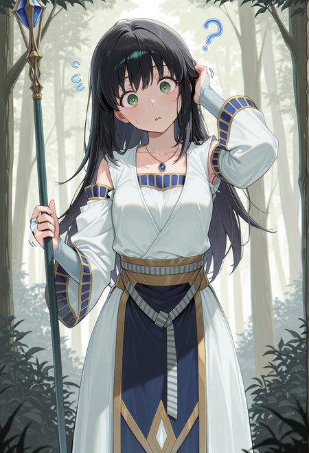 1girl, solo, outdoors, forest, black hair, long hair, pendant, green eyes, white dress, long sleeves, wide sleeves, detached sleeves, bare shoulders, bridal gauntlets, confused, scratching head, head tilt, holding staff <lora:viki_illus:1>, masterpiece, best quality, amazing quality, very aesthetic, absurdres, highres, newest