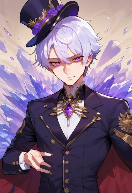 score_9, score_8_up, score_7_up, score_6_up, one anime style,1 boy, 20 year old, attractive, masterpiece, best quality, short white hair, purple tux with top hat, clear purple eyes, high detailed eyes, ice shards, purple glow, neutral expression