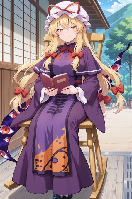 absurdres, highres, masterpiece, best quality, amazing quality, official anime artwork, screencap, anime screencap, outdoors, looking at viewer, light smile, dynamic pose, standing,
<lora:Yukari-Yakumo_IllustriousV2:1>  yakumo yukari, 1girl, solo, yellow eyes, blonde hair, long hair, sidelocks, large breasts,, alternate costume, mob cap, hat ribbon, hair bow, red bow, red bowtie, purple capelet, purple dress, wide sleeves, long sleeves, purple tabard, eye print, black shoes, holding book, open book, rocking chair, sitting, gap (touhou),