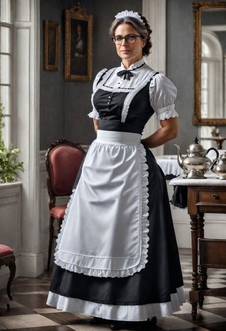 full body shot of a beautiful 45 year old woman, medium length brown hair streaked with gray, gray eyes, glasses, square face, rounded cheeks, hourglass figure, slightly overweight, victorian maid, standing in a victorian parlor, serving tea