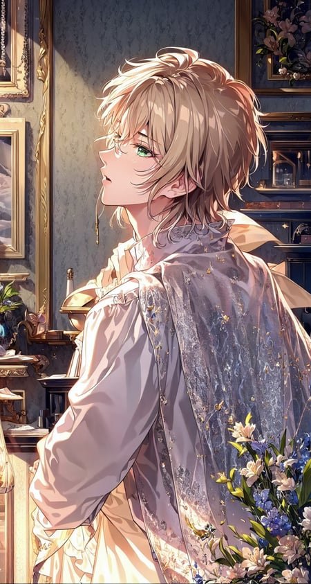 (solo:1.5),(masterpiece:1.5),(best quality:1.5),(bust:1.3),Amazing,beautiful detailed,extremely detailed wallpaper,extremely detailed CG unity 8k wallpaper,extremely delicate and beautiful eyes,1boy, green eyes,side view,