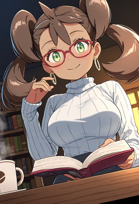 masterpiece, best quality, solo, curvy, beautiful eyes,  smile, looking at viewer, foreshortening, wide hips, narrow waist, upper body, close up, dynamic angle,   zzShauna, dark skin, twintails, brown hair, long hair, green eyes, <lora:ShaunaPokemon_IXL_v1:0.8>,[Cozy Intellectual Charm], Warm turtleneck sweater, small hoop earrings, reading glasses, soft scarf, Sitting at a wooden table in a quiet library, steam curling from a coffee cup, surrounded by books and ambient golden lighting through tall windows.