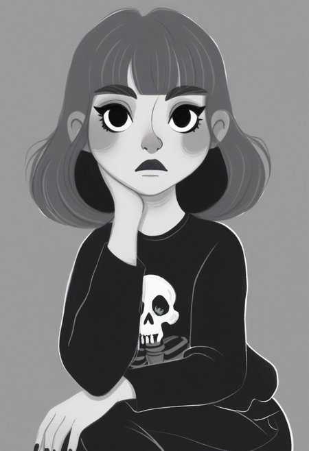 MSMLN, ambient occlusion, depth of field, traditional media, 1girl, skull, monochrome, looking at viewer, medium hair, head rest, simple background, fingernails, solo, closed mouth, shirt, print shirt, blunt bangs, greyscale, makeup, hand on own chin, pants, skull print, sketch, skeleton, nose, expressionless, long sleeves, sanpaku, lips, nail polish