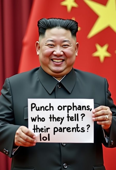 A realistic picture of Kim Jong UN smiling, holding a sign that reads
"Punch orphans, who will they tell? Tell their parents? lol", press conference background, press, media, political event, 
masterpiece, highly detailed, best quality, legible text, good grammar,