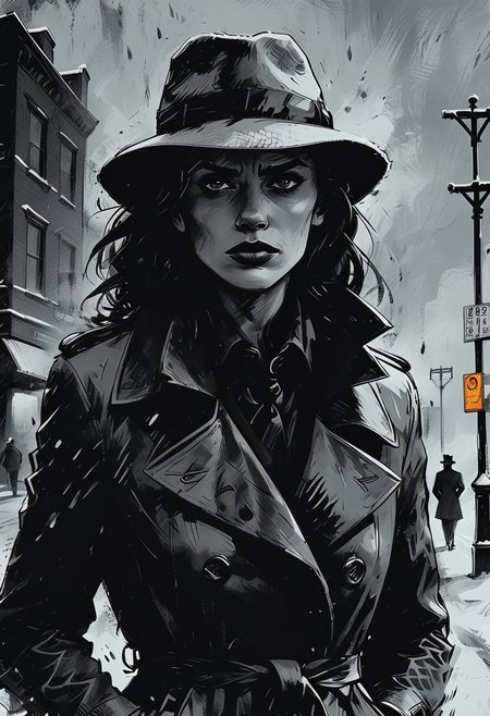 close up, drawing of a moody detective woman standing on a street corner during a strong blizzard, foggy snow storm, low visibility, film noir style, <lora:add-detail-xl:-1>,  <lora:Dark_Novel:0.7>
