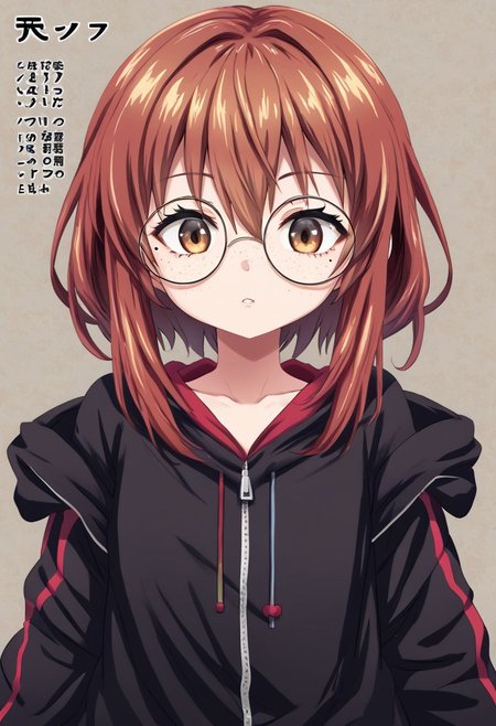 qzo, highres, official_art, parted lips, looking at viewer, round eyewear, detailed face, freckles, red hair, brown hair, hair between eyes, mole under eye, oversized jacket, shiny clothes