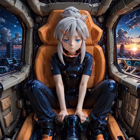 (clear photo style illustration,score_9,masterpiece,best quality,extremely detailed,clear depiction:1.2),(detailed background,high contrast,soft coloring,highres, absurdres, ultra-detailed face, beautiful face),
1person,solo,

Figure,

gundam_gquuuuuux_deux_murasame,
Blue eyes, white eyelashes,jitome,single hair bun,freckles on face,gray hair,thin,skinny,flat chest, black Pilot suit,hair clip,face at viewer,

sitting on Psycho Gundam cockpit,grip console,(sunrise, sci-fi city background, full body),