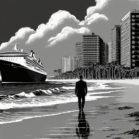 <lora:Macpaint-XL-000015:1>, Macpaint, a black and white pixel image of a man standing on the beach with waves and a cruiseship in the background and clouds, pixel art, best quality, masterpiece, dithering, intricately detailed