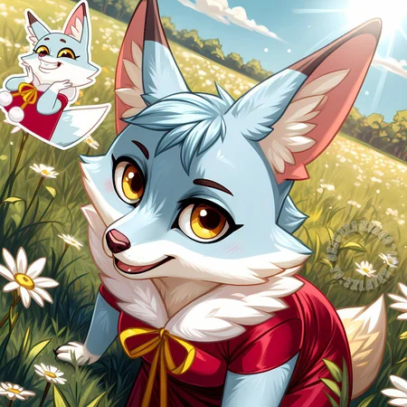 solo (young: 1,15) ((blue fox), blue body outlines and shadows, yellow eyes)), ((medium chest)), ((red dress), (good angle, at eye level, focus on the character, Dutch angle), break, [works by Castitas, Makoto Shinkai, Hioshiru, Glacier Clear, Rumiko Takahashi, Sandra Chevrier, Rafael Albuquerque, Fox, Alphonse Mucha: 0.85], (detailed background, image depth). field, shadows, sunlight, diffused body light, backlight), masterpiece, best quality, 4k, 2k, (difficulty: 0.9), (high detail, unreal engine:1.25), absurd resolution, sexuality, field, lighting, flower field, green grass, daisies, collects flowers, photo filters, blush, happiness, cute drawing facing the viewer, particles of light, rays of the sun. the sun, <laura:Asya:0.8> <laura: Added details:0.4>