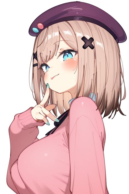 masterpiece, best quality, amazing quality,
 <lora:Rasu_IL:1> rasu, 1girl, solo, virtual youtuber, hat, tongue out, tongue, white background, simple background, looking at viewer, hair ornament, blush, upper body, brown hair, purple headwear, blue eyes, x hair ornament, beret, bangs, medium hair, breasts, nail polish, :p, shirt, pink sweater, from side
