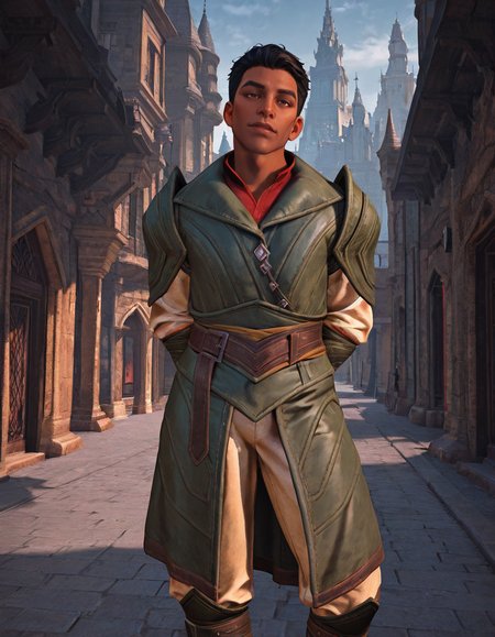 cinematic_depth, 8k, soft_lighting, warm_glow, ultra_high_quality, masterpiece, best quality, newest, perfect quality, best quality, detailed background, intricate details, male focus, realistic, day, <lora:Dragon Age Veilguard - Elek Tavor - Illustrious-000005:0.8>, e_tavor, 1boy, dark skin, black hair, short hair, brown eyes, outdoors, city, leather armor, leather bracers, red undershirt, white sleeves, white pants, leather belt, leather boots, arms behind back, contrapposto, head tilt, looking at viewer