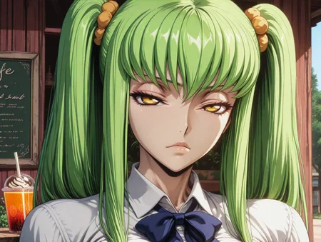 masterpiece,best quality,amazing quality,ultra detailed,
1girl,
 <lora:My_Muscle_Style_1:0.3>,muscular female, fit, skinny,
<lora:HyperdetailedColoredPencilIl:0.3> ArsMJStyle, <lora:Sinozick_style:0.3>Sinozick_illu,gradient,spot color
<lora:illustriousXL_stabilizer_v1.23:0.5>
<lora:GLSHS:0.7> SHSLG
 <lora:C.C._and_Kallen_Stadtfeld_Code_Geass:0.8> , C.C., green hair, long hair, yellow eyes, bangs, twintails,hair ornament,  
outdoors,cafe,drinking straw,  drink, 
school uniform, 
solo,large breasts, bowtie, 
dyamic angle,
close-up, portrait, 
looking at viewer, narrowed eyes,