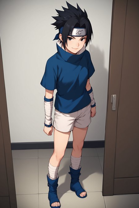 score_9, score_8_up, score_7_up, score_6_up, score_5_up, score_4_up, SasukeGEXL, black eyes, black hair, short hair, spiked hair, parted bangs, forehead protector, high collar, blue shirt, short sleeves, detached sleeves, white shorts, blue footwear, legs bandages, toeless footwear, solo, standing, seductive smile, looking at viewer, indoors <lora:SasukeGEXL:0.8>
