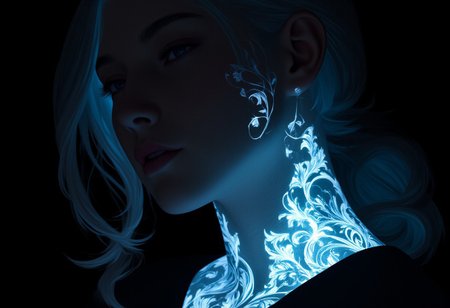 Face, an ebony Valkyrie with silver bioluminescent tattoos of bio ink , bright lighting, low angle shot, extreme close-up, bio ink, perfection style