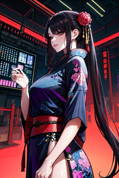 highly insanely detailed, masterpiece, top quality, best quality, highres, 4k, 8k, RAW photo, (very aesthetic, beautiful and aesthetic), ancient japanese cyberpunk, ancient chinese cyberpunk
a colorful background,gradient background, 
<lora:two_side_up-1.0:0>âââ
