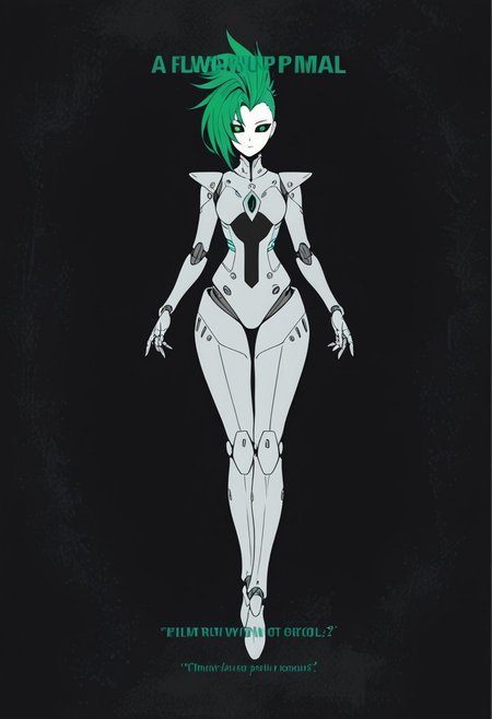 robot girl, android woman, gray metallic skin, green hair, hair covers on one side of the head,  black sclera, green iris, asymmetrical hair, panel lines, short hair, mohawk, flowing hair, sharp angles, dynamic pose, wide hips, flat sides of the head, intricate details, ultra sharp, exquisite detail, flawless composition, vivid colors, masterpiece,
m1n1mal-p0st3rs, flat color, silhouette, black background, green text