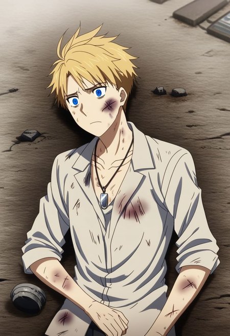 high resolution, professional photography, solo, best quality, 1Boy, Yamato Ishida, Blond Hair, Deep Blue Eyes, Necklace, lying down, conquered, hurt, dying, battered, blank stare, bruised, OverallDetail