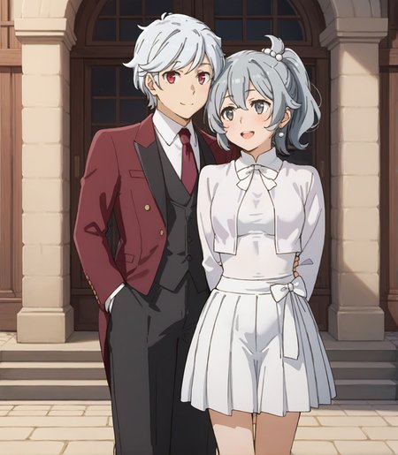 score_9,score_8_up,score_7_up,masterpiece, best quality, <lora:WHM 0.2v:0.5>, WHM, 2D,anime,  
<lora:HandFixer_pdxl_Incrs_v1:0.5>,  
1boy, 1girl, standing, side by side,
cuddling,couple,
medieval town ,  fantasy,dungeon ni deai wo motomeru no wa machigatteiru darou ka style,  
BREAK
1boy, 1girl, standing, side by side,
cuddling,couple,
<lora:bell01:0.7>full body, bell01, 
<lora:Bell_Cranel_r2:0.1> belcranel,
looking at viewer, smile, shirt, red eyes, closed mouth, white hair, red necktie, formal,black pants, Tuxedo,
grey eyes female,
BREAK
1boy, 1girl, standing, side by side,
cuddling,couple,
<lora:DanMachi_SyrFlovaXL:0.8>, pen mouth, smile, blush, upper teeth only, short hair, short ponytail, grey hair, grey eyes, hair between eyes, hair bobbles, earrings, SyrDate, cropped jacket, white jacket, collared shirt, white shirt, long sleeves, bow skirt, pleated skirt, white skirt, white bow, arms behind back, leaning forward, looking at viewer, thigh gap,