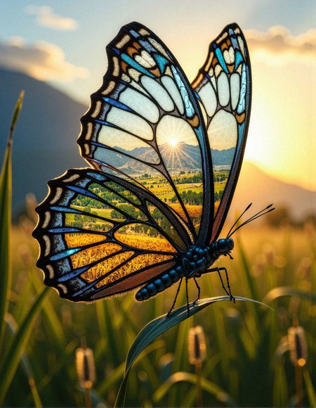 aidmaHyperrealism,
A breathtakingly detailed butterfly with vast, translucent wings that encapsulate an entire dreamlike landscape, blending reality and fantasy in a seamless fusion of nature and surreal beauty. The wings, delicate yet powerful, are adorned with iridescent blue hues and intricate vein patterns resembling a stained-glass window, reflecting golden sunlight that filters through the misty air. Embedded within the fragile yet majestic structure of the wings, a mesmerizing pastoral scene unfolds—rolling green meadows bathed in the soft glow of dawn, golden fields of wild grass swaying gently in the breeze, and a distant range of towering, mist-covered mountains fading into the horizon. Each dewdrop clinging to the wing shimmers like tiny prisms, catching the ethereal light of the setting sun, casting a warm, golden radiance over the serene countryside. The butterfly’s delicate body, covered in soft, velvet-like hairs, clings to a blade of tall grass, while the wind whispers through the surrounding wilderness, creating an almost sacred atmosphere of stillness and wonder. This surreal fusion of macro and microcosm captures the fragile balance between the delicate creature and the boundless, infinite world held within its gossamer wings, evoking a sense of harmony, transcendence, and timeless serenity.
 <lora:aidmaHyperrealism-FLUX-v0.3:0.5>