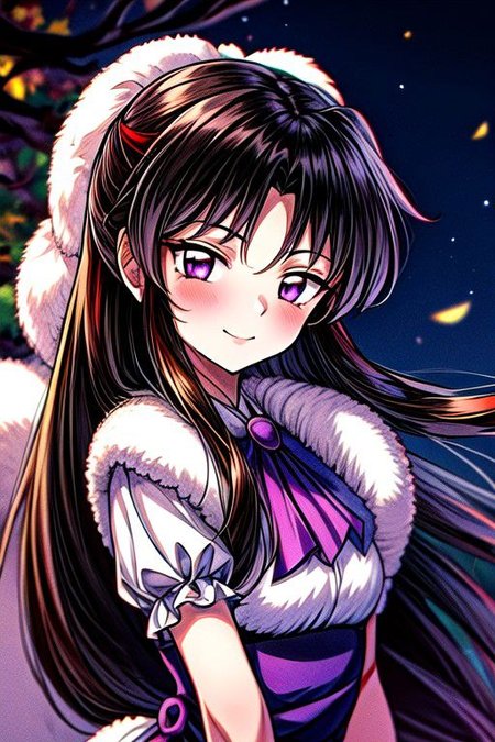 masterpiece,  best quality 1girl Setsun4 solo long hair,  (night time) forest background black hair very long hair purple eyes multicolored hair armor (fur trim) (medium body),<lora:EMS-179-EMS:0.800000>,<lora:EMS-293862-EMS:0.800000> bow, hair_bow, hair_tubes, red_bow, brown_hair, long_hair, bangs, sidelocks, ascot, brown_eyes, frilled_bow, yellow_ascot, blush, smile, hair_between_eyes