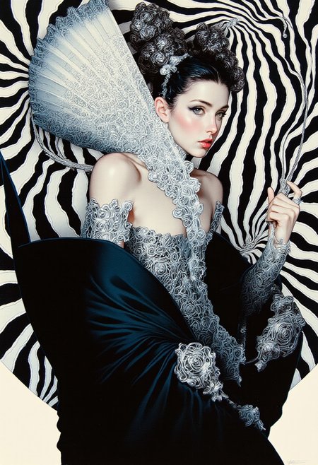 A high-resolution ArsMJStyle colored pencil hyper-detailed realism illustration of a gothic-inspired woman, captured from a low-angle perspective to emphasize her commanding presence. She stands against a hypnotic backdrop of black-and-white fractal lines, forming an intricate optical illusion that warps and undulates, creating a surreal sense of depth and movement. Her flowing midnight-black gown, adorned with shimmering silver filigree and ethereal swirling patterns, fuses gothic elegance with avant-garde futurism. The structured fan-like elements at her shoulders and waist enhance her regal, almost celestial aura, evoking the grandeur of high fashion infused with a dark mystique. Her jet-black hair is sculpted into four sleek, symmetrical buns, each adorned with intricate fan-shaped metal accessories, reinforcing her presence as both an enigma and a force of power. Her piercing gaze, shadowed by bold, dark liner, radiates quiet strength and intensity. A subtle glow highlights the metallic embellishments of her attire, while her poised hands add to the scene’s dynamic energy—one gripping a finely crafted, ornate fan, the other extended forward as if conjuring unseen forces. The interplay between her gothic silhouette and the high-contrast, illusionary background crafts a visually arresting composition that merges gothic beauty with surrealist visual art.