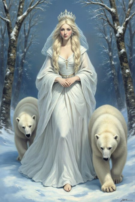 jore1 painting 
A Snow Queen with an ethereal appearance. She is dressed in a flowing, long white gown that seems to shimmer, possibly made of a translucent fabric or lace, giving it a delicate, ethereal quality. Her hair and face are obscured by a delicate, sheer veil that extends to the ground, adding to her otherworldly aura. Two polar bears are walking besides her. <lora:jore1_cap_d6a3e12:1.0><lora:818378921587410843:0>