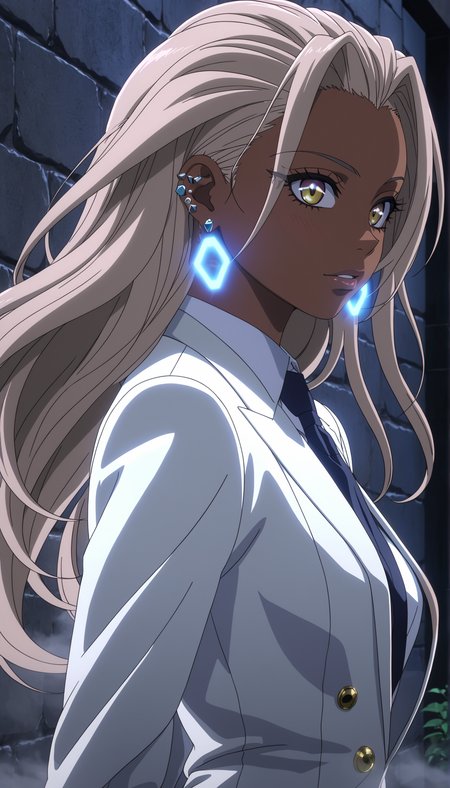 (anime screencap:1.5), 
Stylized dark skin gyaru anime character wearing a sleek hexagonal-textured suit,ear piercing,  set against a dimly lit stone wall, cinematic lighting. 
Walking towards the camera, hair flowing in motion.
Chromatic aberration for a slight retro-futuristic look.Subtle fog effects, creating a dreamlike atmosphere.Neon reflections subtly visible
side profile shot, showing the facial features and outfit details.

Close-up of the outfit texture, emphasizing detail.


