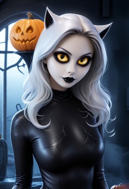 halloween, halloween theme, decorated bar, pumpkins, ghost, jack'o'lantern, bat, bats, ghosts, spiderweb, big spiders, foggy, night, lightning, window, Cambodian woman, asian features, long hair, huge boobs, massive breasts, small waist, fitness body, toned muscle, wide hips, An extreme photorealistic upper body shot of a cat girl with mesmerizing golden eyes and slit pupils. She has long, flowing two-tone hair, white and black, with striking, unrealistic beauty. Her black lips curve slightly to reveal sharp fangs, and her long fingernails are a key feature of her sleek cat suit. Include tiny imperfections like pores, faint freckles, and slight skin texture variations to add realism. Realistic lip texture with soft lines, slight gloss, and natural color variation. Realistically detailed tear ducts, slightly moist, enhancing the natural appearance of the eyes. Faint, barely visible veins under the eyes, adding depth and authenticity to the skin. Individually rendered eyebrow hairs with natural variation in direction, length, and thickness. Variation in hair strand thickness, with some thinner and finer than others. Detailed texture on the cat suit, showing the weave or material pattern, such as leather, spandex, or velvet. Shadows that move with the character, responding to her position and the light source accurately, 28 YEARS OLD, wrinkles, cat girl, crystal, gem, sparkle, YELLOW EYES, CAT EYES, catgirl, big eyes, black bodysuit and small mask, Symbiote Suit.