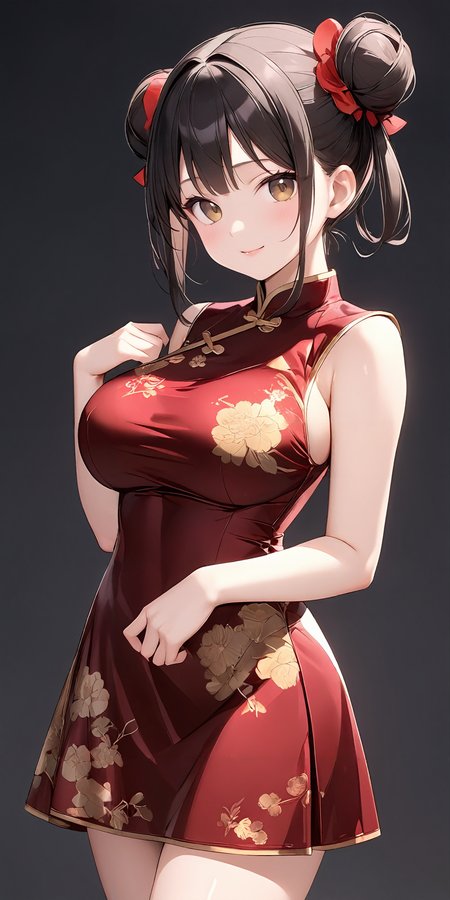 masterpiece,ultra-detailed,best quality,8K,illustration,cute face,clean skin ,shiny hair,girl,simple background, cowboy shot,dress
 <lora:add-detail-xl:1>  <lora:lkp_XL_V1.0:1> lkp, breasts <lora:china dress_XL_V1.0:1.2> jyojifuku, china dress, skirt, double bun, floral print